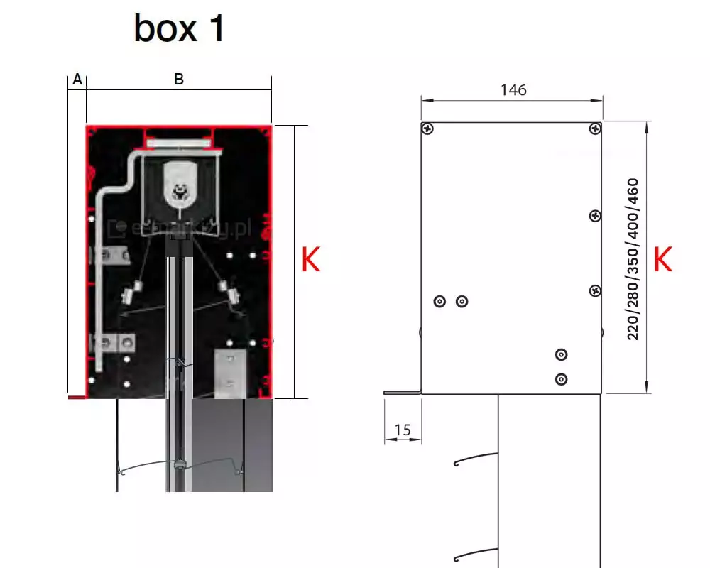 Grafika techniczna przedstawia szczegółowe parametry wymiarowe kasety żaluzje fasadowe Z90 Box w wariancie box 1, zaprezentowane na dwóch schematycznych przekrojach. Po lewej stronie znajduje się przekrój poprzeczny z czerwonym oznaczeniem konstrukcji aluminiowej, gdzie literą B oznaczono szerokość głównej komory kasety, a literą A przednią wypustkę montażową przeznaczoną na zaprawę tynkową. Prawy schemat zawiera rysunek konstrukcyjny z naniesionymi wymiarami w milimetrach, wskazujący szerokość skrzynki wynoszącą 146 mm oraz dolną półkę montażową o długości 15 mm. Pionowa oś oznaczona czerwoną literą K określa dostępne wysokości systemowe kaset, które wynoszą kolejno 220, 280, 350, 400 oraz 460 mm. Wewnątrz schematów widoczne są elementy mechanizmu sterującego, tekstylne drabinki oraz fragmenty lameli o profilu Z, co ilustruje sposób chowania się płaszcza żaluzji wewnątrz osłony bez dodatkowej warstwy docieplenia tylnego.