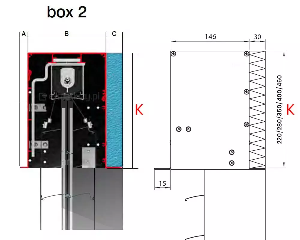 Grafika techniczna przedstawia szczegółowe wymiary kasety dla żaluzje fasadowe Z90 Box w wariancie box 2, ukazaną na dwóch schematach przekroju. Po lewej stronie znajduje się przekrój kolorystyczny, gdzie czerwona linia obrysowuje aluminiową konstrukcję skrzynki, a przylegająca do niej błękitna warstwa oznacza izolację termiczną o grubości 30 mm, oznaczoną literą C. Szerokość samej kasety zdefiniowana jest literą B, natomiast przedni wypust montażowy literą A. Całkowita wysokość kasety została oznaczona czerwoną literą K. Prawy schemat to rysunek konstrukcyjny z naniesionymi wartościami liczbowymi w milimetrach, gdzie szerokość głównej części boxu wynosi 146 mm, a dolna półka montażowa ma 15 mm długości. Pionowa oś K wskazuje dostępne wysokości systemowe kaset: 220, 280, 350, 400 oraz 460 mm. Poniżej kaset widoczne są fragmenty prowadnic oraz lamele o profilu Z, co obrazuje sposób chowania się pancerza wewnątrz osłony.