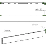 Graficzny schemat techniczny przedstawia budowę i sposób montażu zabieraków paneli szklanych w systemie przesuwnym Auris. Na białym tle widoczne są trzy rzuty profilu aluminiowego: widok z góry, widok z boku oraz izometryczny rysunek złożeniowy. Elementy pełniące funkcję zabieraków zostały wyróżnione kolorem zielonym i są rozmieszczone na końcach profili. Górny rzut boczny zawiera wymiarowanie wskazujące na minimalną odległość montażową wynoszącą 20 mm między krawędzią a elementem chwytnym. Dolna część grafiki szczegółowo ilustruje proces wsuwania zabieraków w krawędzie profilu, co pozwala na automatyczne pociąganie kolejnych tafli szkła podczas rozsuwania lub zsuwania systemu.