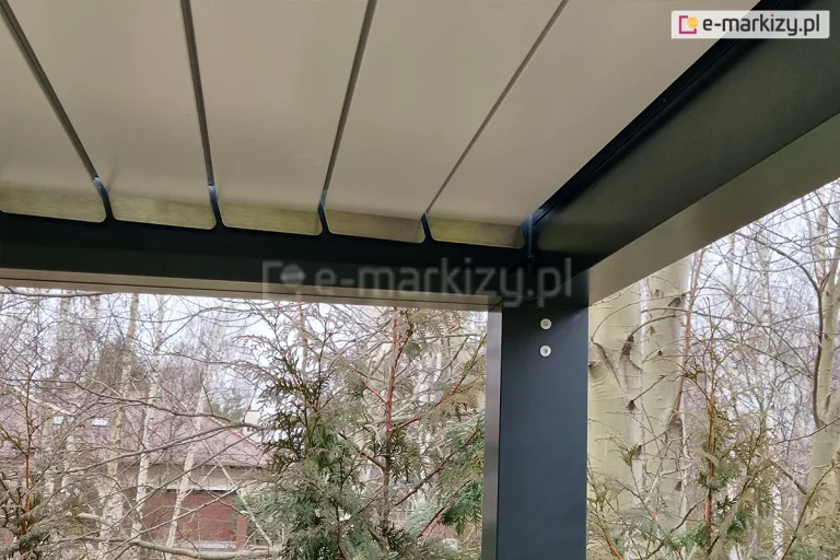 Zadaszenie pergoli SB350 Aluprof o antracytowej konstrukcji i białych lamelach w pozycji zamkniętej, całość tworzy szczelny dach i umożliwia odprowadzenie wody do rynny w podporze. W tle widoczne pozbawione liści drzewa oraz pnie brzóz i niewielkie iglaki.