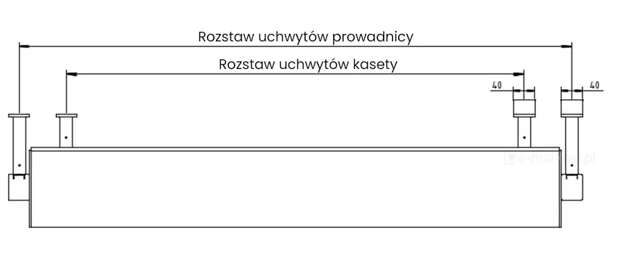 Rysunek techniczny przedstawia schemat wymiarowania montażowego żaluzji fasadowej C80 Cube, widzianej z góry (rzut poziomy). Głównym elementem grafiki jest podłużny, prostokątny obrys kasety osłonowej, od której odchodzą prostopadle w stronę ściany cztery systemowe uchwyty montażowe. Schemat precyzyjnie rozróżnia dwa rodzaje punktów mocowania za pomocą linii wymiarowych z grotami. Górna linia wymiarowa opisuje rozstaw uchwytów prowadnicy, które znajdują się na skrajnych końcach konstrukcji, natomiast dolna linia wymiarowa określa rozstaw uchwytów kasety, umiejscowionych bliżej środka osłony. Po prawej stronie rysunku naniesiono szczegółowe wartości liczbowe określające szerokość stopek montażowych, wynoszącą 40 jednostek. Całość wykonana jest w formie czarnego rysunku liniowego na białym tle, co zapewnia maksymalną czytelność parametrów technicznych niezbędnych do prawidłowego rozmieszczenia otworów montażowych w podłożu. Konstrukcja uchwytów sugeruje montaż dystansowy, pozwalający na zachowanie odpowiedniej odległości pancerza żaluzji od płaszczyzny elewacji lub stolarki okiennej.