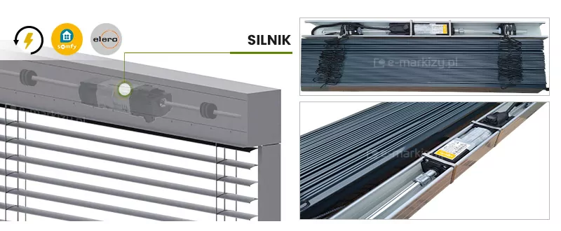 Grafika prezentująca komponenty napędu elektrycznego do żaluzji fasadowych Aluprof, składająca się z wizualizacji 3D oraz dwóch zdjęć produktowych mechanizmu silnika. Po lewej stronie znajduje się model żaluzji z półprzezroczystą górną kasetą, wewnątrz której uwidoczniono centralnie umieszczony silnik tubowy połączony z wałem napędowym. Nad kasetą widnieje napis SILNIK oraz ikony producentów Somfy i Elero, sugerujące kompatybilność systemu z tymi napędami. Prawa część grafiki zawiera dwa rzeczywiste zdjęcia detali technicznych: górne ukazuje silnik osadzony w rynnie górnej wraz z ułożonym pakietem lameli i tekstylnymi drabinkami, natomiast dolne to zbliżenie pod kątem na aluminiową obudowę silnika z widocznymi przewodami zasilającymi i elementami przeniesienia napędu na wał. Całość ma charakter informacyjny, obrazując sposób ukrycia i montażu automatyki wewnątrz konstrukcji osłony fasadowej.