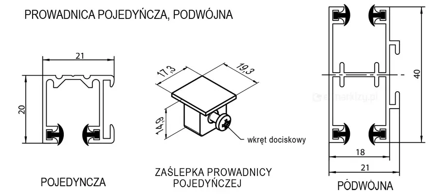 Rysunek techniczny prezentujący schematy i wymiarowanie dwóch rodzajów prowadnic aluminiowych stosowanych w systemach żaluzji fasadowych – pojedynczej oraz podwójnej – wraz z dedykowanym elementem wykończeniowym. Po lewej stronie widoczny jest przekrój poprzeczny prowadnicy pojedynczej o szerokości 21 mm i wysokości 20 mm, wyposażonej w dwie czarne uszczelki szczotkowe osadzone u dołu profilu. W centralnej części grafiki znajduje się trójwymiarowy model zaślepki prowadnicy pojedynczej o wymiarach wierzchu 17,3 mm na 19,3 mm i wysokości 14,9 mm, z zaznaczonym wkrętem dociskowym służącym do stabilnego montażu. Prawa strona rysunku przedstawia przekrój prowadnicy podwójnej, która składa się z dwóch połączonych komór o łącznej wysokości 40 mm i szerokości profilu 21 mm (z rozstawem wewnętrznym 18 mm), posiadającej łącznie cztery uszczelki szczotkowe. Dokumentacja techniczna precyzyjnie określa parametry geometryczne elementów, które są niezbędne do prawidłowego spasowania mechanizmu prowadzącego z lamelami żaluzji w instalacjach wielomodułowych lub standardowych.