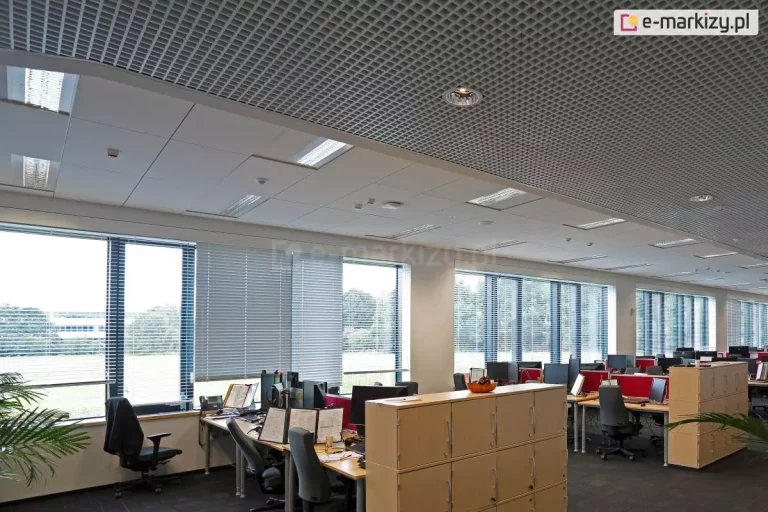 Widok na przestronne biuro typu open space wyposażone w system wewnętrznych żaluzji fasadowych C50 Selt w kolorze srebrnym. Żaluzje są zamontowane na długim rzędzie okien fasadowych, a ich lamele ustawiono w pozycji otwartej, co zapewnia równomierne doświetlenie stanowisk pracy światłem dziennym przy jednoczesnej redukcji oślepiania. Wnętrze charakteryzuje się nowoczesnym sufitem rastrowym w strefie komunikacyjnej oraz sufitem kasetonowym nad stanowiskami pracy, z wbudowanym oświetleniem liniowym. Przestrzeń jest zorganizowana w moduły biurowe z jasnymi blatami i czerwonymi panelami akustycznymi, oddzielone od siebie niskimi regałami na dokumenty w kolorze drewna. Przez przeszklenia widoczny jest rozległy teren zielony, co w połączeniu z precyzyjną regulacją żaluzji tworzy ergonomiczne i komfortowe środowisko pracy biurowej.