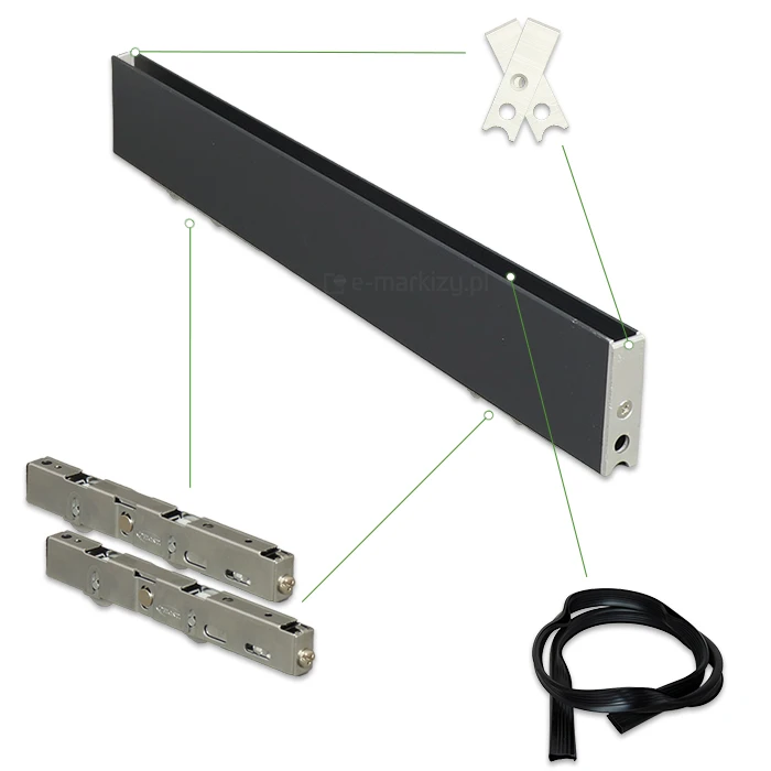 Kompletny zestaw montażowy profilu typu H przeznaczony do systemów szyb Auris, zawierający aluminiowy profil w kolorze czarnym z przygotowanymi otworami montażowymi. W skład zestawu wchodzą: profil H do drzwi przesuwnych Auris, dwa dedykowane mechanizmy jezdne z rolkami, umożliwiające płynną pracę systemu przesuwnego. Do kompletu dołączone są również elementy uszczelniające w formie czarnej uszczelki oraz stalowe płytki montażowe z otworami na wkręty. Wszystkie komponenty zostały zaprojektowane w celu zapewnienia stabilności oraz sprawnego funkcjonowania szklanych wypełnień w drzwiach Auris.