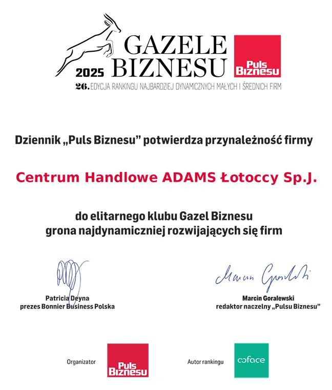 Dyplom Gazele Biznesu 2025 dla Centrum Handlowego ADAMS Łotoccy Sp.J.