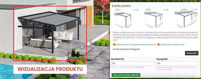 Wizualizacja online w konfiguratorze z widocznym tarasem i wycenianą pergolą tarasową lub inną osłoną, powinna być traktowane wyłącznie jako wskazówka, regulamin konfiguracje produktów