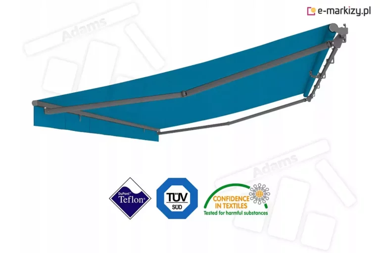 Zdjęcie produktowe przedstawiające rozłożoną markizę tarasową w kolorze intensywnego błękitu (turkusu). Konstrukcja wspierająca składa się z dwóch przegubowych ramion wykonanych z metalu w kolorze ciemnoszarym (antracytowym). Tkanina markizy posiada prostą falbanę na przedniej krawędzi. W dolnej części obrazu umieszczone są trzy logotypy certyfikatów i technologii: granatowy romb DuPont Teflon, niebieski ośmiokąt TÜV SÜD oraz zielony znak Oeko-Tex "Confidence in Textiles" informujący o testach na substancje szkodliwe. Całość prezentowana jest na czystym, białym tle.