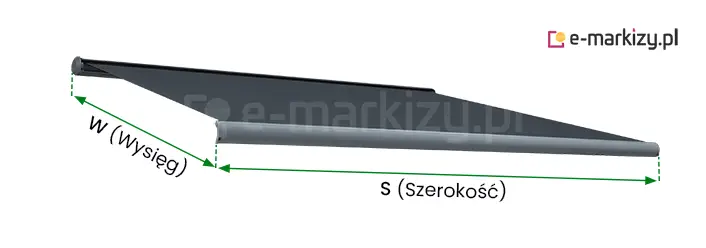 Markiza tarasowa Boxo Deluxe pomiar szerokości i wysięgu. Na grafice przedstawiono wizualizację markizy z wysuniętym poszyciem w kolorze antracytowym. Wzdłuż belki przedniej zieloną dwukierunkową strzałką zaznaczono pomiar szerokości, a od krawędzi kasety do krawędzi belki przedniej, wzdłuż poszycia, wyznaczono pomiar wysięgu.