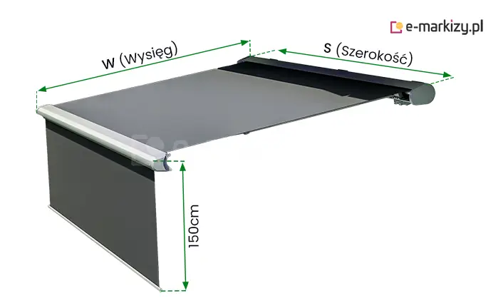 Markiza tarasowa Boxo pomiar szerokości wysięgu oraz wysokości falbany. Grafika obejmuje wizualizację markizy, której szerokość wskazano po prawej stronie zieloną strzałką dwukierunkową. Pomiar wysięgu zaznaczono nad wysuniętym poszyciem. Maksymalną wysokość falbany oznaczono zieloną strzałką dwukierunkową i wartością 150 cm.