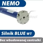 Zdjęcie prezentuje silnik przewodowy marki Nemo, przeznaczony do automatyzacji systemów osłonowych, w które wyposażona jest markiza Corsica. Na białym tle widoczny jest fragment niebieskiego silnika rurowego zakończonego jasną, metalową głowicą z otworami montażowymi oraz wyprowadzonym białym przewodem sterującym. W górnej części grafiki umieszczono granatowy pas z białym napisem NEMO, natomiast dolna część zawiera dwie sekcje informacyjne: ciemnoniebieską belkę z napisem „Silnik BLUE WT” oraz szarą belkę z wyraźną informacją „Bez wbudowanej centralki”. Prezentacja ma charakter techniczny, wskazując na model napędu wymagający zewnętrznego sterownika lub przełącznika ściennego.