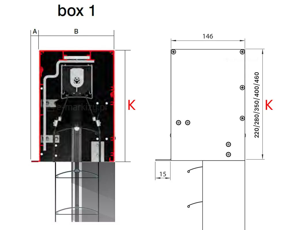 Wymiary kasety c80 box 1, osłona pakietu żaluzji, wymiary osłony pakietu