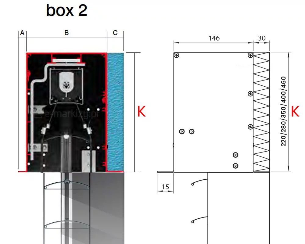 Wymiary kasety c80 box 2, osłona pakietu żaluzji, wymiary osłony pakietu