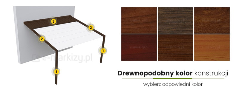 Kolor drewnopodobny konstrukcji Pergoli, pergola aluminiowa drewniana, pergola z malowaniem drewnopodobnym, pergola ala drewno