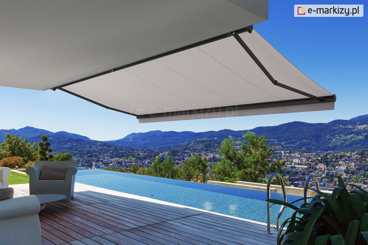 Dakar awning fixed to the ceiling above the terrace and swimming pool