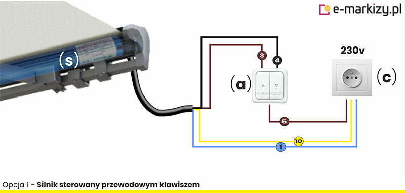 1 Schemat podłączenia silnika markizy do przełącznika klawiszowego za pomocą przewodu