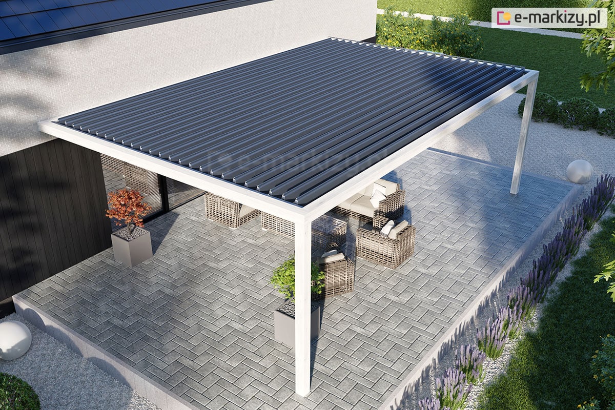 Lamelowy dach na pergoli zapewnia naturalną klimatyzację i osłonę przed słońcem