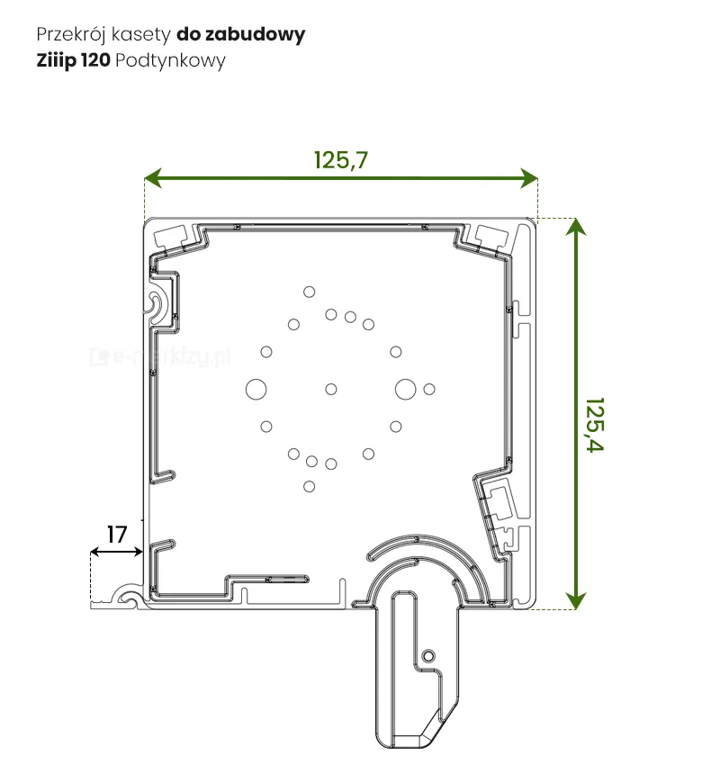 Kaseta R120 Ziiip podtynkowa - przekrój i wymiary 125,7mm x 125,4mm