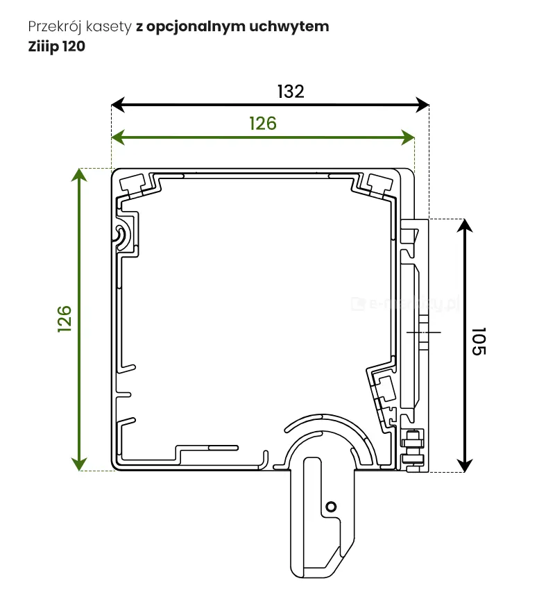 Kaseta R120 Ziiip z opcjonalnym uchwytem - przekrój i wymiary 126mm x 126mm