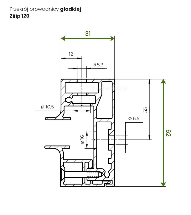 Przekrój prowadnicy gładkiej do refleksola Ziiip 120 - wymiary 31mm x 62mm