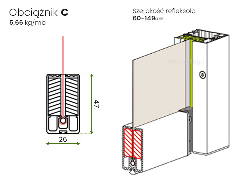 Belka dolna Zip-78 z obciążnikiem typ S (26x47mm) dla szerokości refleksola 60-149cm