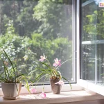 Moskitiera okienna ramkowa zamontowana bezinwazyjnie w ramie okiennej zapewnia dostęp światła dla kwiatów ale nie przepuszcza owadów