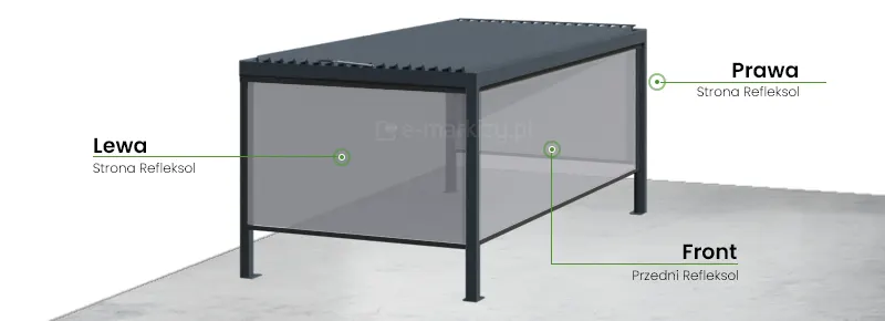 Pergola lamelowa sb400 umiejscowienie refleksoli Ziiip Selt z trzech stron