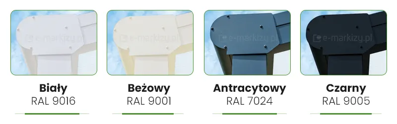 Dostępne kolory konstrukcji zadaszenia Bosco Deponti to Biały (ral9016), Beżowy (ral9001), Antracytowy (ral7024), Czarny (ral9005)