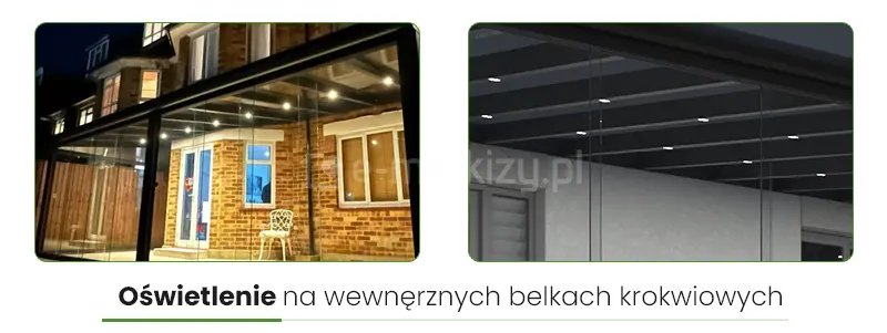 Oświetlenie tarasowe do zadaszeń Bosco Deponti może być stosowane w dowolnej ilości - przykłady zastosowania jednego lub dwóch punktów na każdej wewnętrznej belce krokwiowej