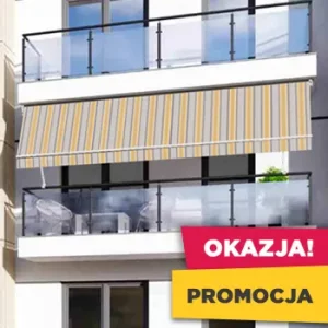 Promocja outlet markiza poręczowa italia 340x70 ze specjalnymi ramionami do balustrady balkonu - kolorystyka biało-beżowo-szara