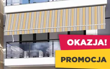 Promocja outlet markiza poręczowa italia 340x70 ze specjalnymi ramionami do balustrady balkonu - kolorystyka biało-beżowo-szara