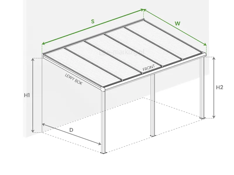 Główne wymiary zadaszenia Bosco Deponti takie jak szerokość S, wysięg W, wysokość podpór H2, wysokość montażu do ściany H1 oraz odległość od tyłu ściany profilu do wnętrza słupka D, Zadaszenie Tarasowe Bosco Deponti Pomiar