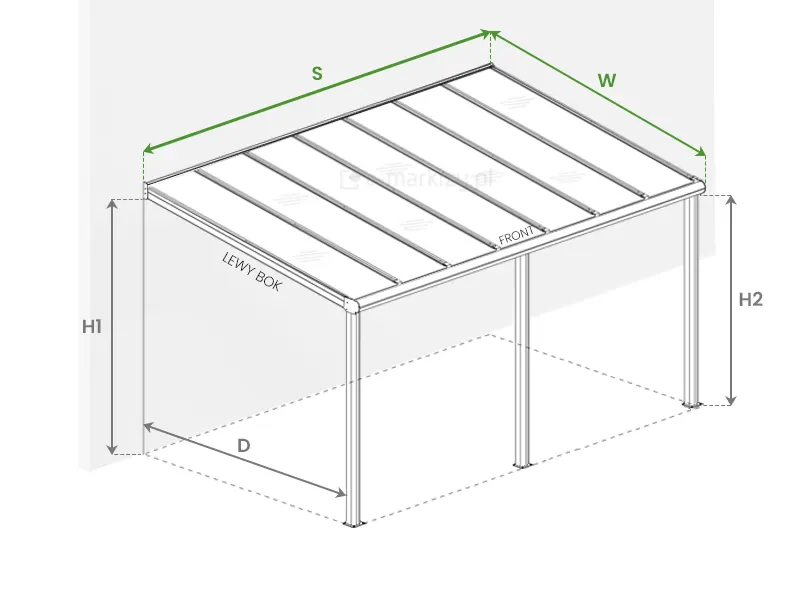 Główne wymiary zadaszenia Pigato Deponti takie jak szerokość S, wysięg W, wysokość podpór H2, wysokość montażu do ściany H1 oraz odległość od tyłu ściany profilu do wnętrza słupka D, Zadaszenie Tarasowe Bosco Deponti Pomiar