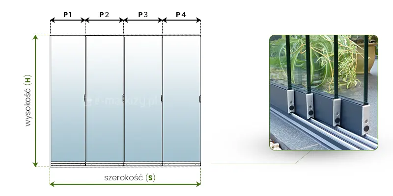 Pomiar szerokości S oraz wysokości H szklanych drzwi przesuwnych z czterema panelami Fiano Deponti