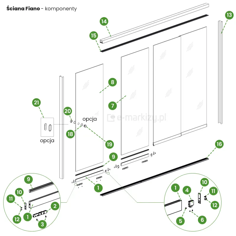 Elementy składowe systemu szklanych ścian przesuwnych Fiano Deponti