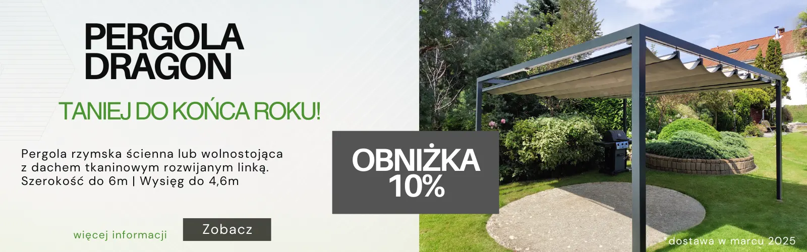 Pergole dragon promocja - taniej do końca roku - obniżka 10% na pergole rzymskie sterowane linką