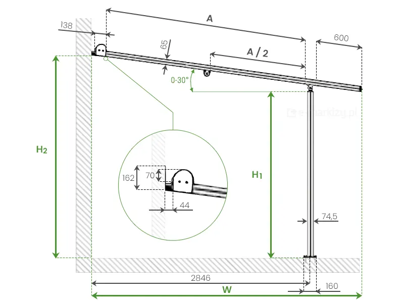 Pergola tkaninowa Vera Sol rzut boczny z naniesionymi wymiarami i zbliżeniem na miejsce montażu uchwytów