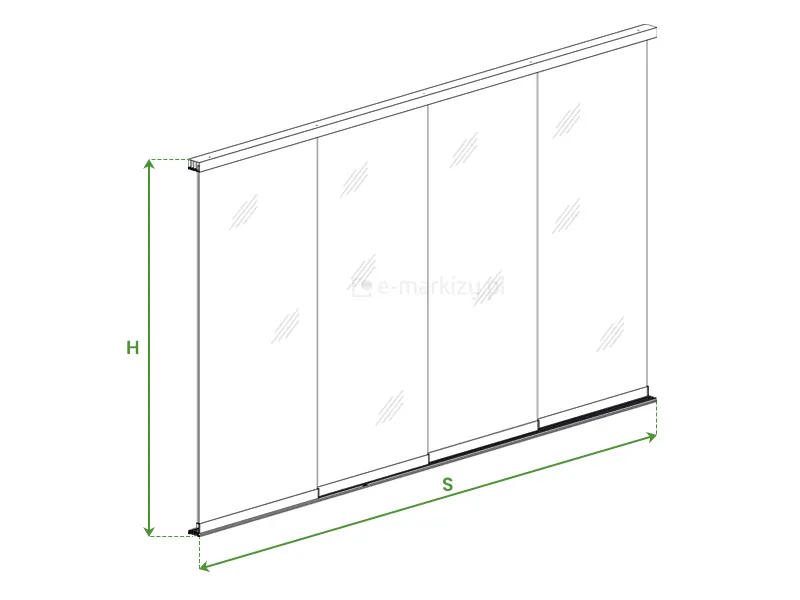 Kompletny zestaw szyb przesuwnych Fiano Deponti pomiar szerokości całkowitej S (zależna od szerokości paneli) i wysokości całkowitej H (od 200 do 250cm)