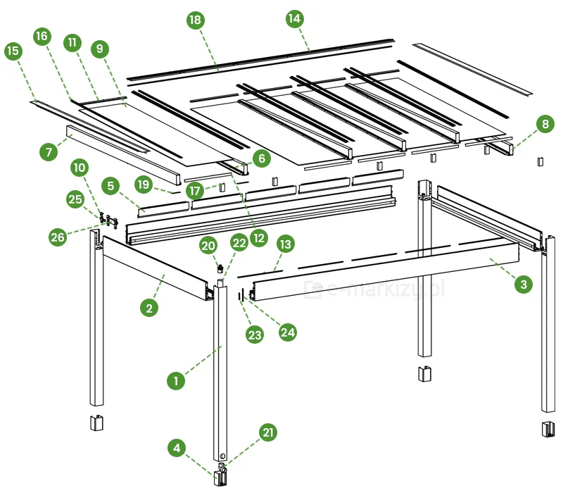 Ponumerowane i wskazane elementy składowe zadaszenia tarasowego Pinela Glass Deponti