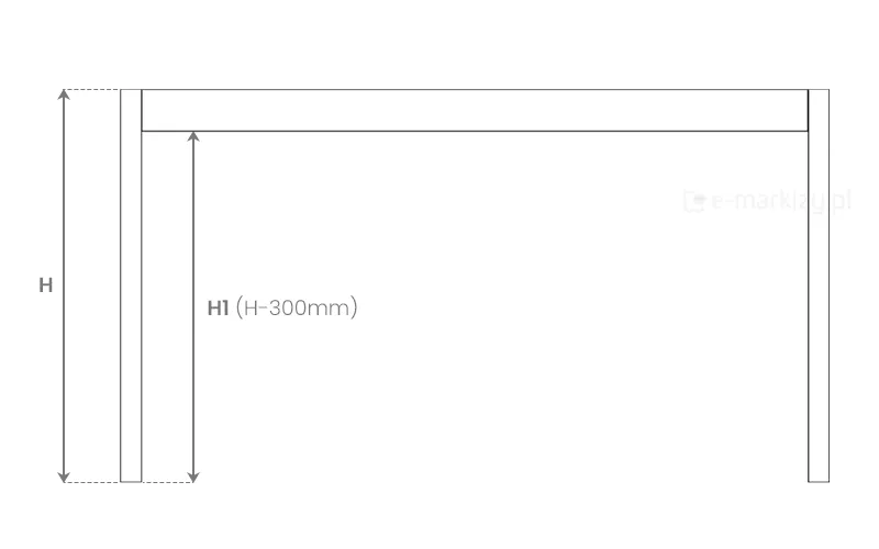 Rysunek z rzutem bocznym konstrukcji zadaszenia Pinela Glass i wskazaną wysokością całkowitą H oraz wysokością w świetle mniejszą o 300mm