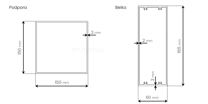 Przekrój podpory 150x150mm oraz belek 60x165mm zadaszenia Pinela Glass