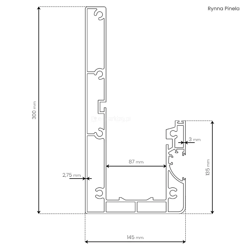 Zwymiarowany przekrój rynny Pinela Glass 145x300mm