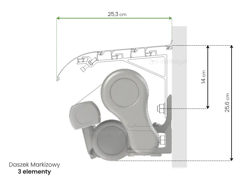 Uniwersalny daszek do markiz tarasowych wykonany z 3elementów o szerokości 25,3cm