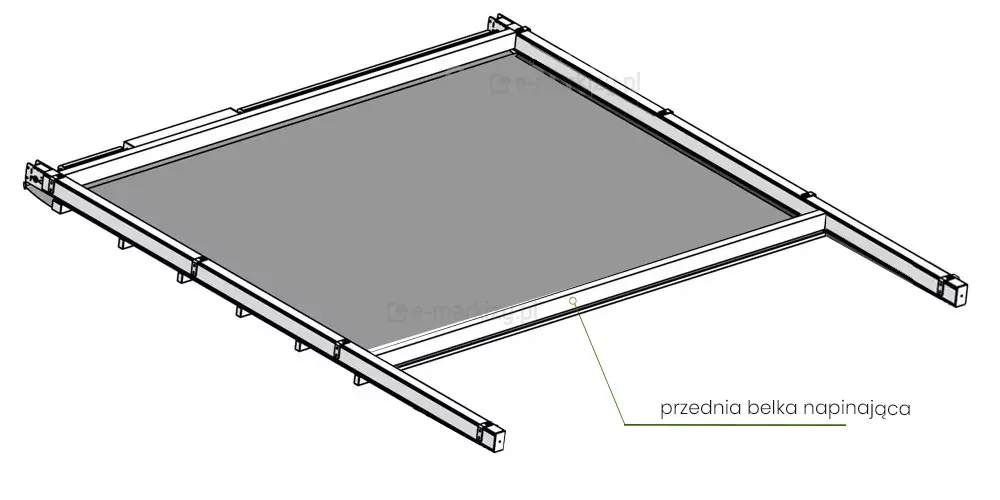 Szkic przedstawiający poziomy dach tarasowy z rozwijaną tkaniną Square Mol na aluminiowych prowadnicach ze wskazaniem przedniej belki napinającej