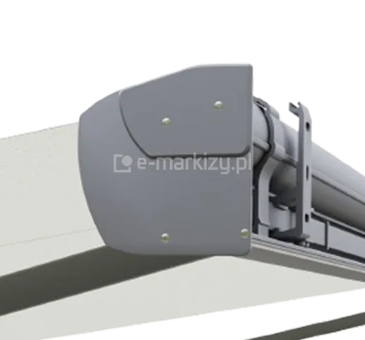 Zbliżenie na boczną część markizy Corsica Selt w jasnoszarym kolorze, pokazujące uchwyt montowany do kwadratowej belki konstrukcyjnej.