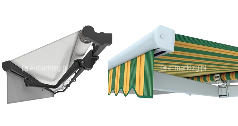 Zbliżenia na budowę markizy Australia Selt – po lewej stronie widoczna belka nośna z zamocowanymi do niej ramionami i tkaniną, po prawej rozwinięta markiza w pasy zielono-żółte ze zbliżeniem na belkę frontową