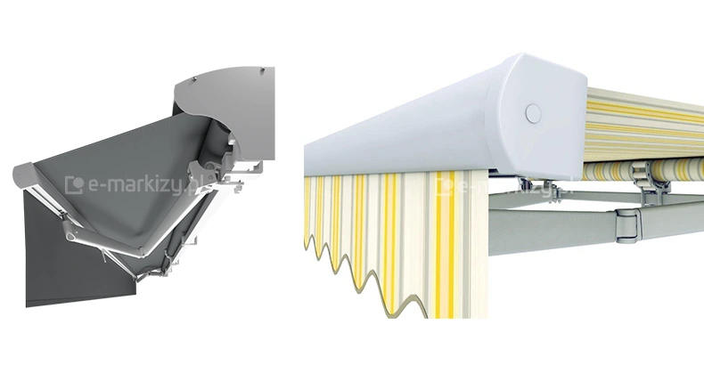 Widok z boku na elementy konstrukcyjne markizy Jamaica Selt – z lewej strony widać system wyposażony w półkasetę ochronną oraz ramiona nośne, a z prawej belkę przednią z tkaniną w żółto-białe pasy