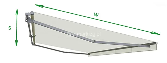 Schemat pomiaru markizy Australia Selt – widok boczny z zaznaczeniem kierunku wysięgu (W) i szerokości (S), pomocny przy doborze odpowiedniego rozmiaru markizy tarasowej bez kasety