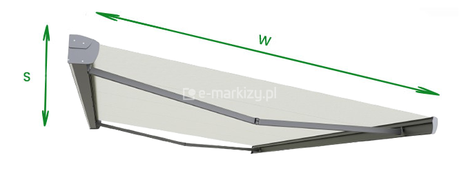 Schemat pomiaru markizy Corsica Selt – widok boczny z zaznaczeniem kierunku wysięgu (W) i szerokości (S), pomocny przy doborze odpowiedniego rozmiaru markizy tarasowej