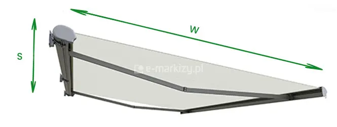 Schemat pomiaru markizy Dakar Selt – widok boczny z zaznaczeniem kierunku wysięgu (W) i szerokości (S), pomocny przy doborze odpowiedniego rozmiaru markizy tarasowej